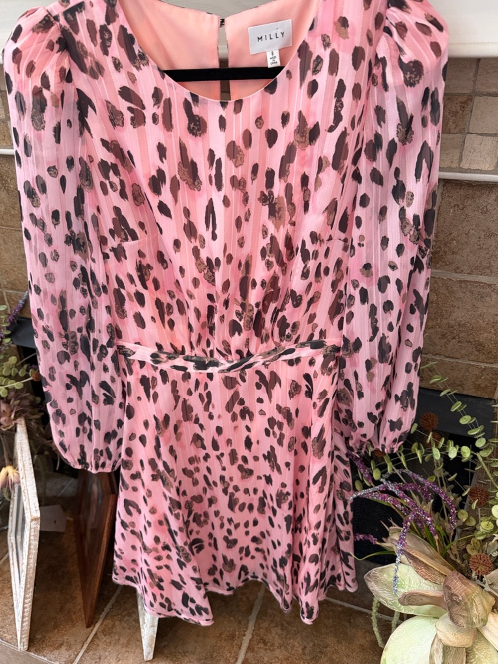 MILLY Leopard Metallic Shadow Stripe Long Sleeve Dress Pink Multi size 8